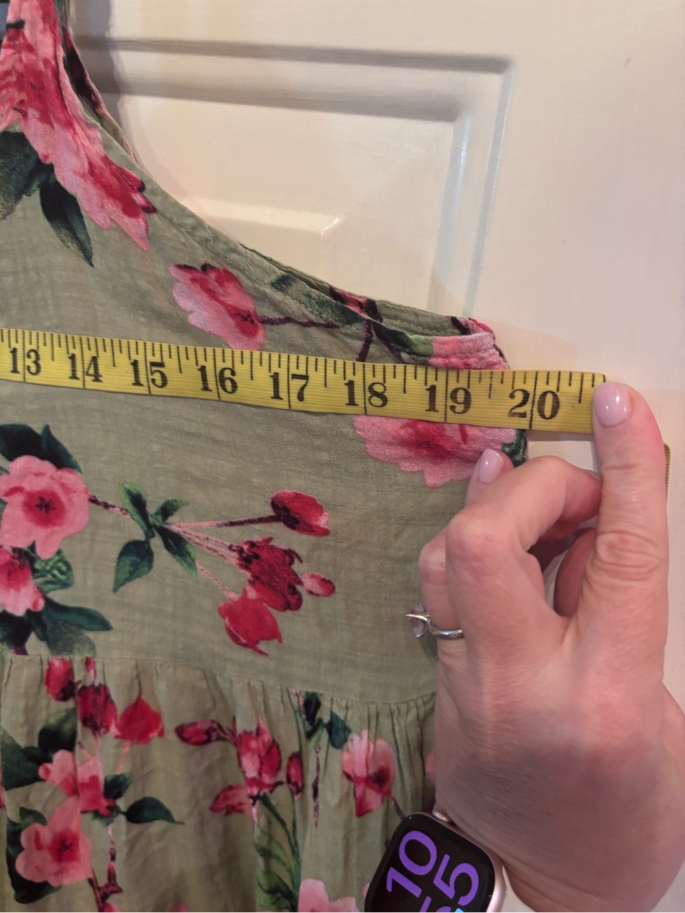 Olive Green Floral Midi Dress with Pink Blooms - Picture 4 of 5